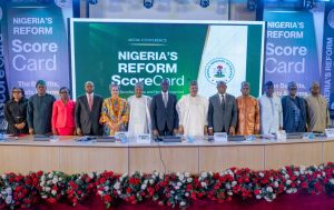 *NIGERIA’S REFORM SCORECARD: THE BENEFITS, COSTS & HARM PREVENTED*(L–R) Director-General, Debt Management Office (DMO), Patience Oniha; Statistician-General of the Federation, Prince Semiu Adeyemi Adeniran; Permanent Secretary, Federal Ministry of Budget and Economic Planning, Dr. Deborah Bako Odoh; Executive Chairman, Nigeria Revenue Service (NRS), Dr. Zacch Adedeji; Minister of State for Finance, Dr. Doris Nkiruka Uzoka-Anite; Minister of Budget and Economic Planning, Abubakar Atiku Bagudu; Minister of Finance and Coordinating Minister of the Economy, Taiwo Oyedele; Honourable Minister of Information and National Orientation, Mohammed Idris, fnipr; Permanent Secretary, Federal Ministry of Finance, Mr. Raymond Omenka Omachi, FCA; Permanent Secretary, Policy Support and Special Duties, Federal Ministry of Finance, Mohammed Sanusi Danjuma, FCNA; Accountant-General of the Federation, Mr. Shamseldeen Babatunde Ogunjimi; Director-General, Budget Office of the Federation, Mr. Tanimu Yakubu; and Director-General, National Orientation Agency (NOA), Mallam Lanre Issa-Onilu, during the presentation of Nigeria’s Reform Scorecard: The Benefits, Costs & Harm Prevented, hosted by the Federal Ministry of Finance on August 19, 2026, in Abuja. Photo: Khalid Ahmed/FMINO.